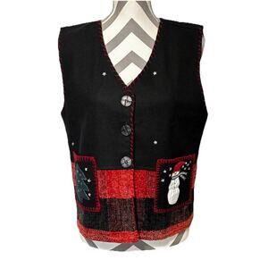 Christmas Vest Sweater Medium Black Snowman Tree Black Red Wool Blend Classic
